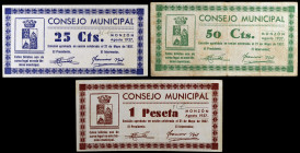 Monzón (Huesca). 25, 50 céntimos y 1 peseta. (KG. 510b) (T. 290 a 292) (RGH. 3680 a 3682). 3 billetes, serie completa. Serie A. BC+/EBC.