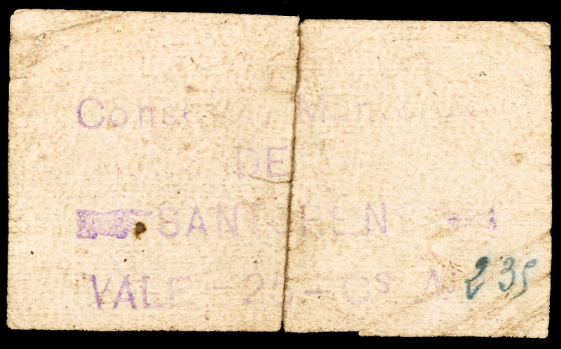 Santorens (Huesca). 25 céntimos. (KG. A689) (T. 351 var) (RGH. 4782 var). Papel ...