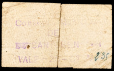 Santorens (Huesca). 25 céntimos. (KG. A689) (T. 351 var) (RGH. 4782 var). Papel color crema, roto y pegado en la época. Muy raro. (BC+).