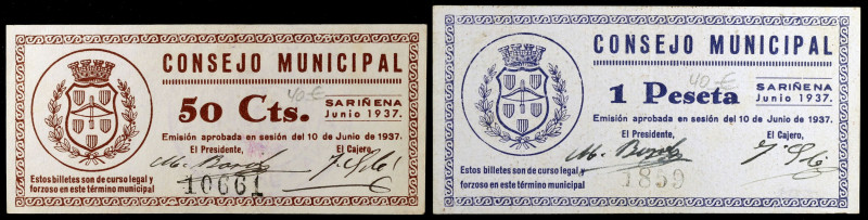 Sariñena (Huesca). 50 céntimos y 1 peseta. (KG. 690) (RGH. 4785 y 4786). 2 bille...