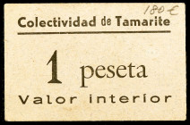 Tamarite de Litera (Huesca). Colectividad. 1 peseta. (KG. 720a, falta valor) (T. 358) (RGH. 4967). Cartón. Muy raro. EBC.
