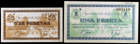 Tamarite de Litera (Huesca). 25 céntimos y 1 peseta. (KG. 720) (T. 363 y 365) (RGH. 4972 y 4974). 2 billetes. EBC-/EBC.