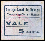 Torrente de Cinca (Huesca). Consejo Local de Defensa C.N.T. 5 céntimos. (KG. falta) (T. 386) (RGH. 5108). Cartón. Raro y más así. EBC.