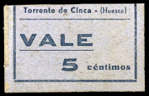 Torrente de Cinca (Huesca). Alcaldia Constitucional. 5 céntimos. (KG. 741a) (T. 386b) (RGH. 5112). Cartón recortado. Raro. (EBC).