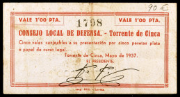 Torrente de Cinca (Huesca). Consejo Local de Defensa. 1 peseta. (KG. 741) (T. 383c) (RGH. 5106b). Raro. MBC-.