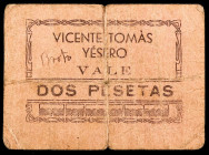 Yésero (Huesca). Vicente Tomás. 2 pesetas. (KG. falta) (RGH. falta valor). Cartón. BROTO manuscrito en la época. Raro. BC.