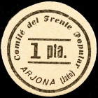 Arjona (Jaén). Comité del Frente Popular. 1 peseta. (KG. 108) (RGH. 777 var). Cartón redondo. Sin tampón en reverso. Raro. EBC.
