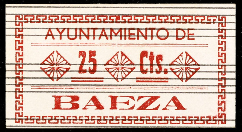 Baeza (Jaén). 25 céntimos. (KG. 120) (RGH. 844). Cartón. Serie A, numeración en ...