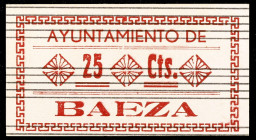 Baeza (Jaén). 25 céntimos. (KG. 120) (RGH. 844). Cartón. Serie A, numeración en rojo. EBC.