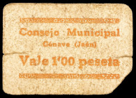 Génave (Jaén). 1 peseta. (KG. falta) (RGH. 2643). Cartón. Roturas. Raro. BC.