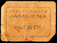 Jamilena (Jaén). 25 céntimos. (KG. falta) (RGH. 2998, mismo ejemplar). Cartón. Raro. BC.