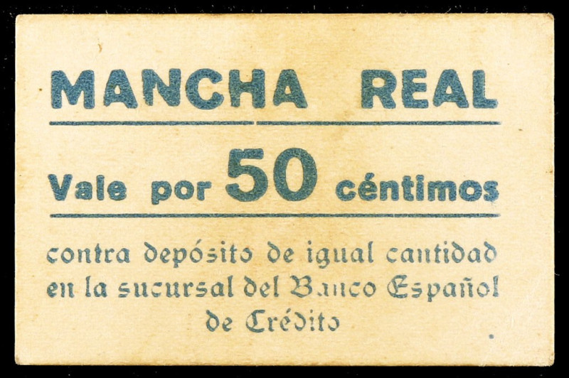 Mancha Real (Jaén). 50 céntimos. (KG. 474a) (RGH. 3359 var). Cartón. Tampón rojo...