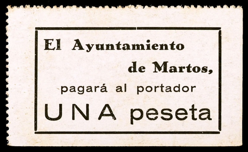 Martos (Jaén). 1 peseta. (KG. 481) (RGH. 3403). Cartón. Escaso. EBC-.