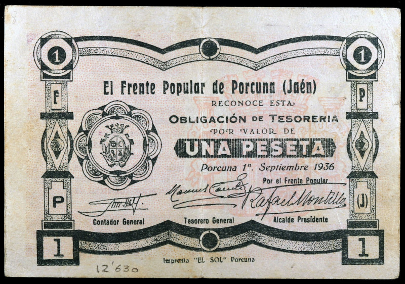 Porcuna (Jaén). Frente Popular. 1 peseta. (KG. 595) (RGH. 4243). Escaso. MBC-.