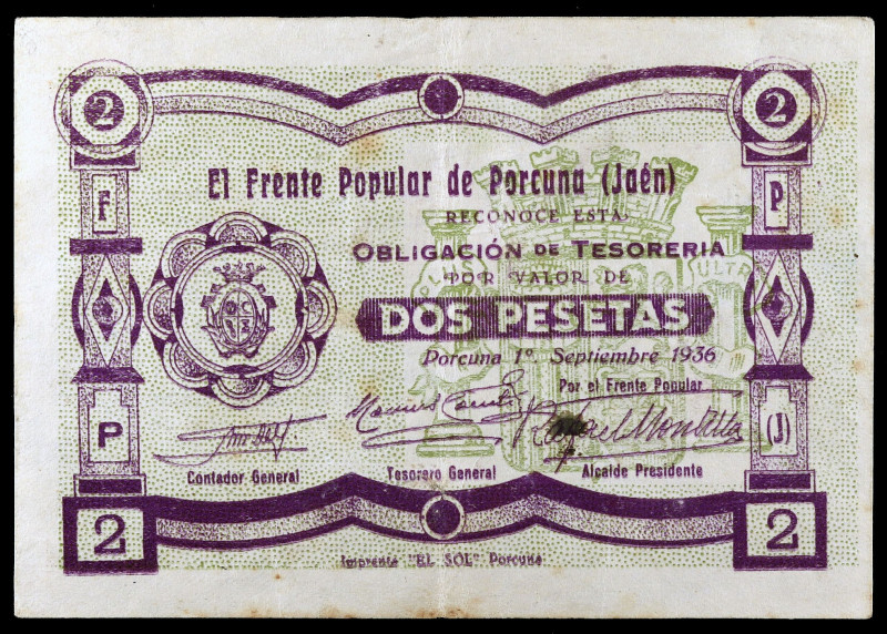 Porcuna (Jaén). Frente Popular. 2 pesetas. (KG. 595) (RGH. 4244). Escaso. MBC-.