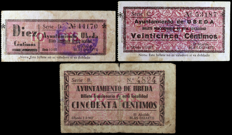 Úbeda (Jaén). 10, 25 y 50 céntimos. (KG. 751) (RGH. 5193 a 5195). 3 billetes. Es...