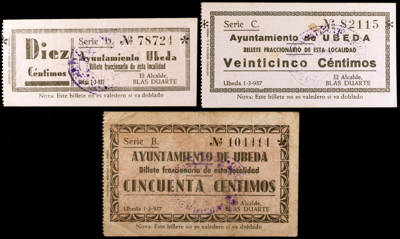 Úbeda (Jaén). 10, 25 y 50 céntimos. (KG. 751) (RGH. 5197 a 5199). 3 billetes. Ra...