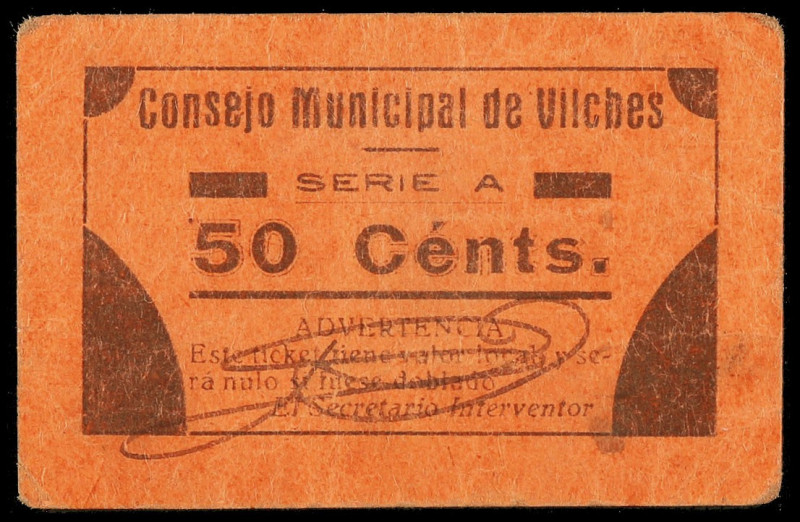 Vilches (Jaén). 50 céntimos. (KG. falta) (RGH. 5484). Muy raro. MBC.