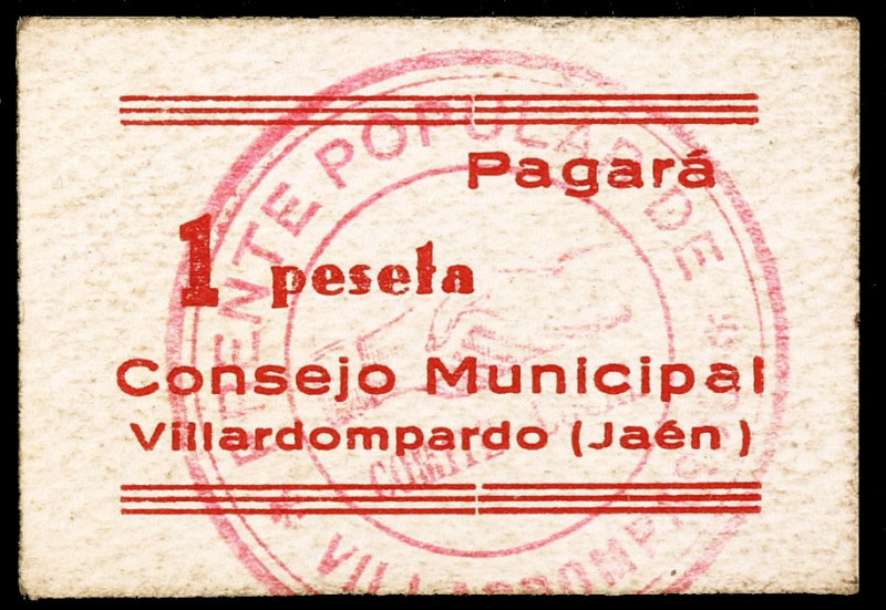 Villardompardo (Jaén). 1 peseta. (KG. falta) (RGH. 5708 var). Cartón, impreso en...