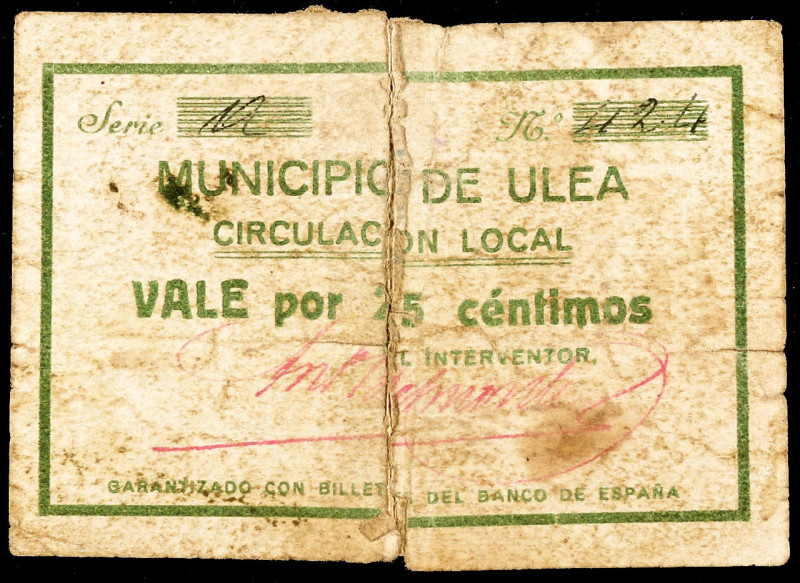 Ulea (Murcia). 25 céntimos. (KG. 753) (C. 290) (RGH. 5206). Roto y pegado en la ...