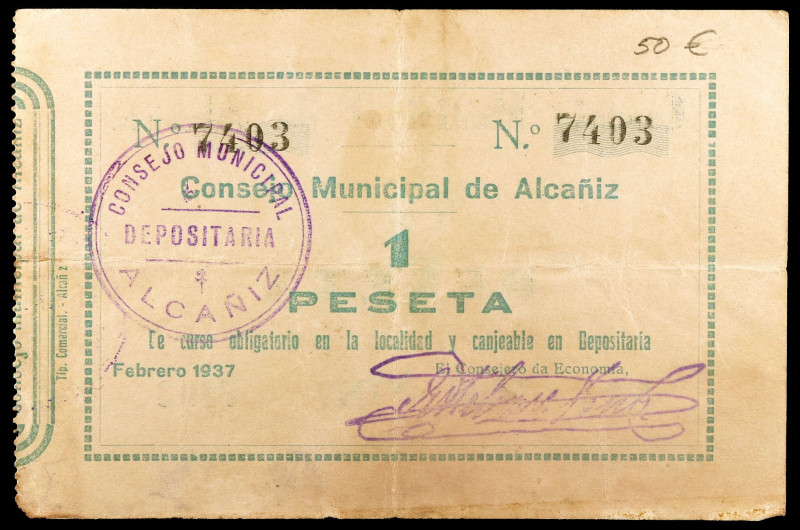 Alcañiz (Teruel). 1 y 2 pesetas. (KG. falta) (T. 19b y 20a) (RGH. 295 var y 296 ...