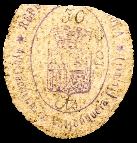 Valjunquera (Teruel). 50 céntimos. (KG. 768) (T. 413) (RGH. 5367). Cartón ovalad...