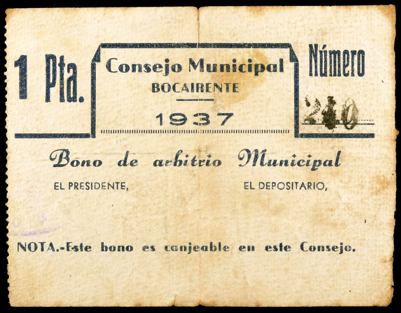 Bocairente (Valencia). 1 peseta. (KG. 186) (T. 415a var) (RGH. 1248b). Sin firma...