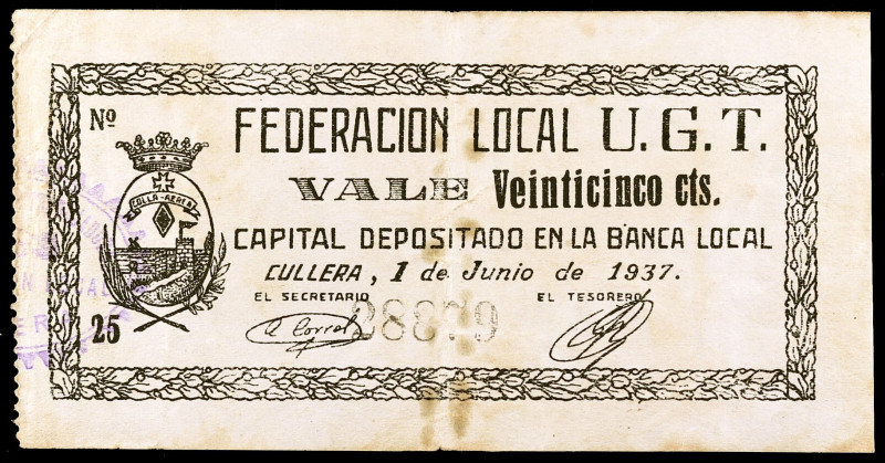 Cullera (Valencia). Federación Local U.G.T. 25 céntimos. (KG. 303a) (T. 652b) (R...