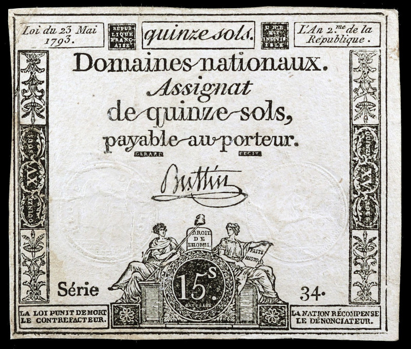 Francia. 1793. Dominio Nacional. Assignat de 15 sols. (Pick A69a). 23 de mayo. S...