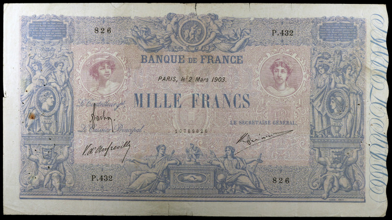 Francia. 1903. Banco de Francia. 1000 francos. (Pick 67e). 2 de marzo. Firmas: F...