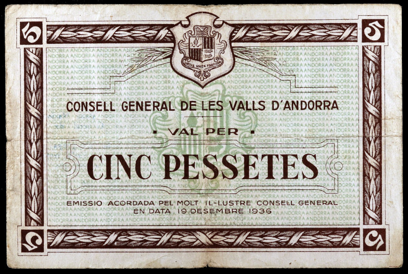 Andorra. 5 pesetas. (T. 9). Emisión "marrón". Muy raro. MBC-.