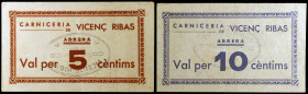 Abrera. Carnicería de Vicenç Ribas. 5 y 10 céntimos. (AL. 570 y falta) (RGH. 6007 y 6008). 2 billetes, serie completa. Raros. MBC+/EBC-.