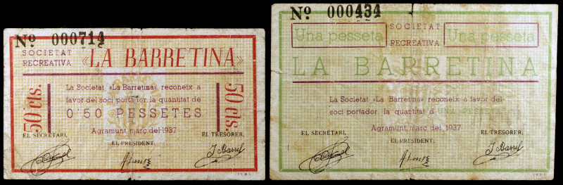 Agramunt. Societat Recreativa "La Barretina". 50 céntimos y 1 peseta. (AL. 3320 ...
