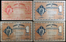 Aiguafreda. 50 céntimos y 1 peseta (tres). (T. 29, 29a, 29b y 30). 4 billetes. Todos los de la localidad. MBC-/EBC.