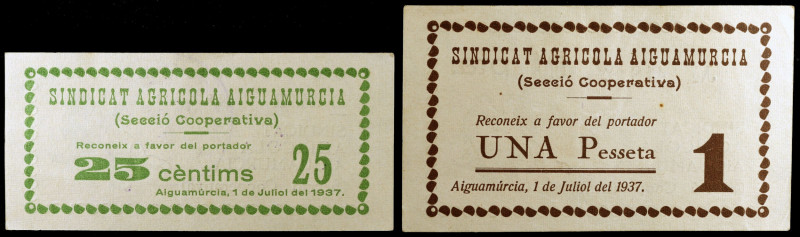 Aiguamúrcia. Sindicat Agrícola (Secció Cooperativa). 25 céntimos y 1 peseta. (T....