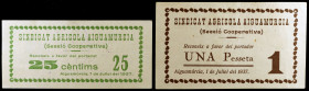 Aiguamúrcia. Sindicat Agrícola (Secció Cooperativa). 25 céntimos y 1 peseta. (T. 31a y 33). 2 billetes. Raros y más así. EBC-/EBC.