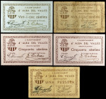 Alba del Vallès. 25 (dos), 50 céntimos (dos) y 1 peseta. (T. 63, 64a, 65 y 65a). 5 billetes, una pareja correlativa, una serie completa. Raros. BC/EBC...