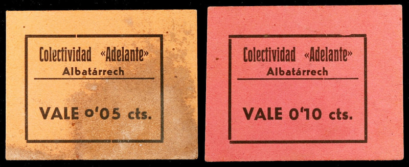 Albatàrrec. Colectividad "Adelante". 5 y 10 céntimos. (T. 76 y 77 var). 2 carton...