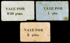 Albesa. 50 céntimos, 1 y 2 pesetas. (T. 80a, 82 y 84). 3 cartones. No figuraban en la Colección Balsach, Áureo 17/12/1996. Muy raros. MBC-.