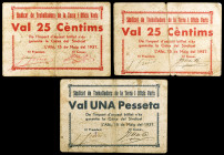 L'Albi. Sindicat de Treballadors de la Terra i Oficis Varis. 25 céntimos (dos) y 1 peseta. (T. 89, 90 y 90a). 3 billetes. Todos los de la localidad. M...