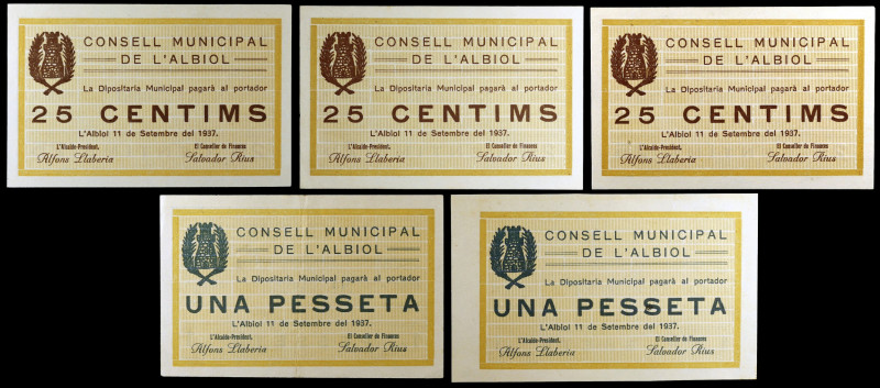 L'Albiol. 25 céntimos (tres) y 1 peseta (dos). (T. 91, 91a, 92 y 92a). 5 billete...