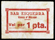 Cases d'Alcanar. Bar Esquerra. 1 peseta. (AL. falta) (RGH. falta). Firma manuscrita en reverso. Manchitas. Muy raro. MBC-.