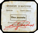 Alcover. 1 peseta. (T. 106 var). La firma manuscrita en rojo. Extraordinariamente raro. MBC-.