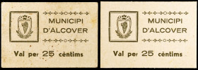 Alcover. 25 céntimos. (T. 110 y 110 var). 2 cartones, uno sin tampón. Muy raros. MBC+/EBC-.