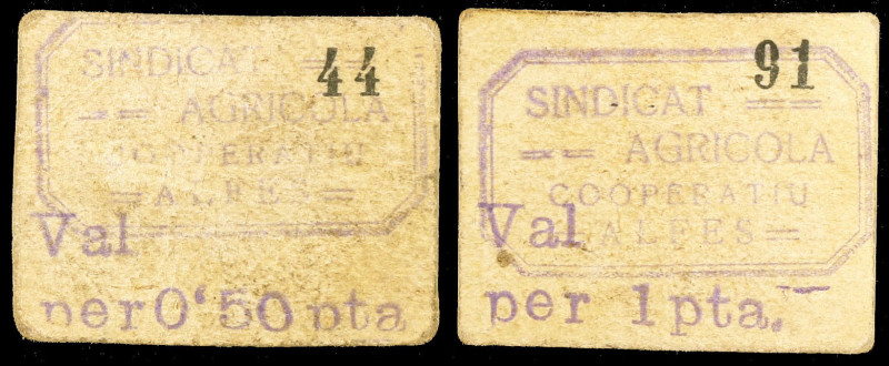 Alfés. Sindicat Agrícola Cooperatiu. 50 céntimos y 1 peseta. (T. 128 var y 129 v...