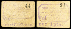 Alfés. Sindicat Agrícola Cooperatiu. 50 céntimos y 1 peseta. (T. 128 var y 129 var) (RGH. 6172 y 6173 (no tiene fotografías)). 2 cartones realizados s...
