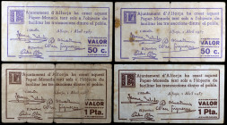 Alforja. 50 céntimos (dos) y 1 peseta (dos). (T. 132 a 135). 4 billetes, una serie completa. Raros. BC/MBC-.