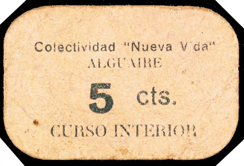 Alguaire. Colectividad "Nueva Vida". 5 céntimos. (T. 148a). Cartón. Escrito en c...