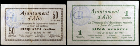 Alió. 50 céntimos y 1 peseta. (T. 149 y 150). 2 billetes, serie completa. Los 50 céntimos nº 000128 y 1 peseta nº 000292. Escasos. MBC-/MBC+.