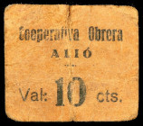 Alió. Cooperativa Obrera. 10 céntimos. (AL. falta) (RGH. 6203). Cartón. Muy raro. BC.